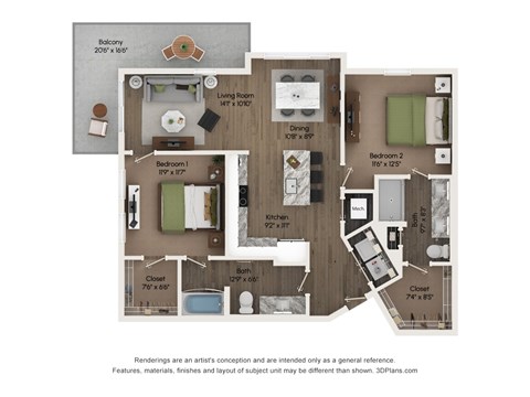 Floor plan for 2 beds, 2 baths, 1252 sqft